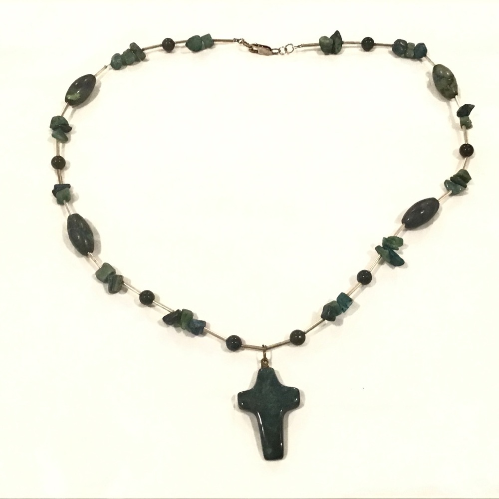 Sterling Silver Liquid Silver Green Stone Cross Pendant & Beaded Necklace 21" L